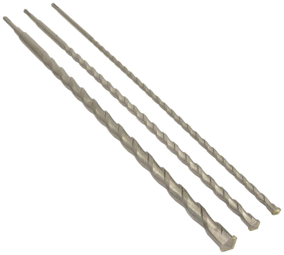 Trije dolgi, spiralasti kovinski svedri različnih velikosti ležijo drug ob drugem na beli podlagi.