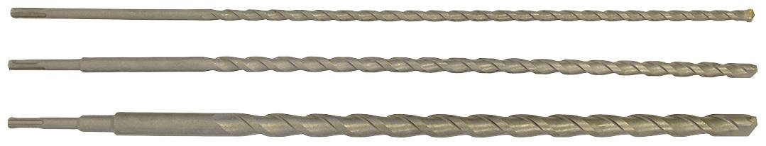 Trije spiralni svedri različnih dolžin ležijo horizontalno drug poleg drugega. Imajo gladke osi in so primerni za vrtanje.