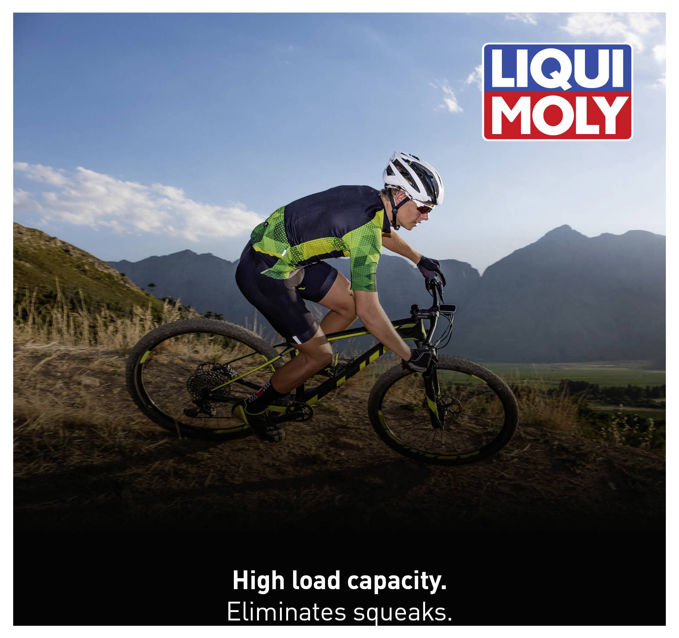 Kolesar v športni opremi vozi po makadamski poti. Zgoraj desno logotip Liqui Moly. Besedilo: 'Visoka vzdržljivost. Odpravlja škrtanje.'