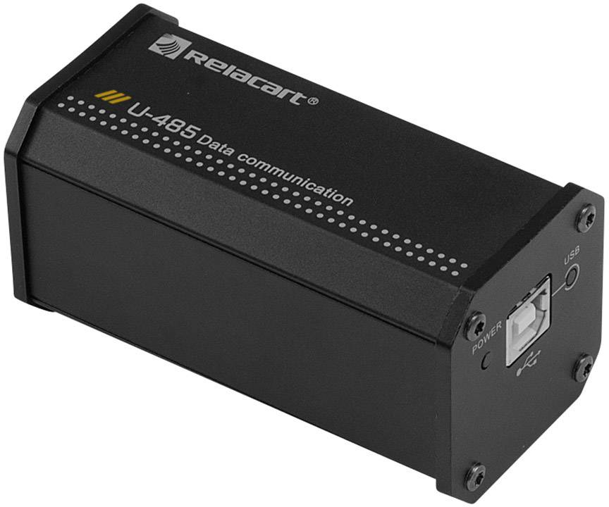 Črni pravokotni modul z napisom 'Relacart' in 'U-485 Data communication', USB priključek na sprednji strani.