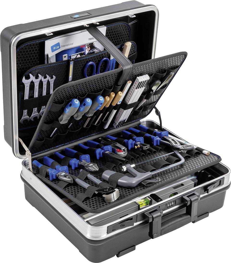 Odprt kovček z orodjem z različnimi ročnimi orodji, kot so vijačni ključi, klešče in izvijači, urejeno razporejenimi.