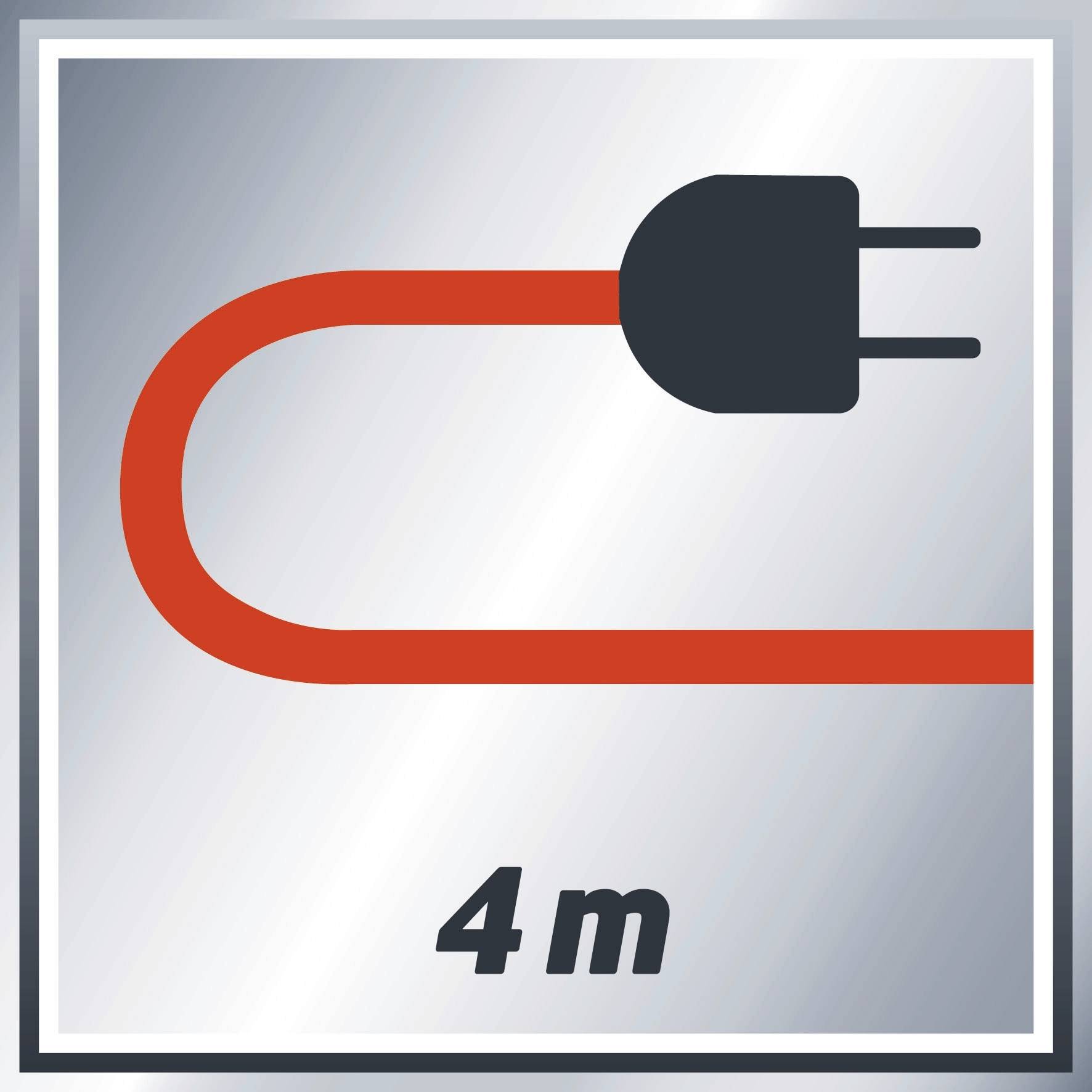 Prikazan je rdeč električni kabel z vtičem, dolžine 4 metrov.