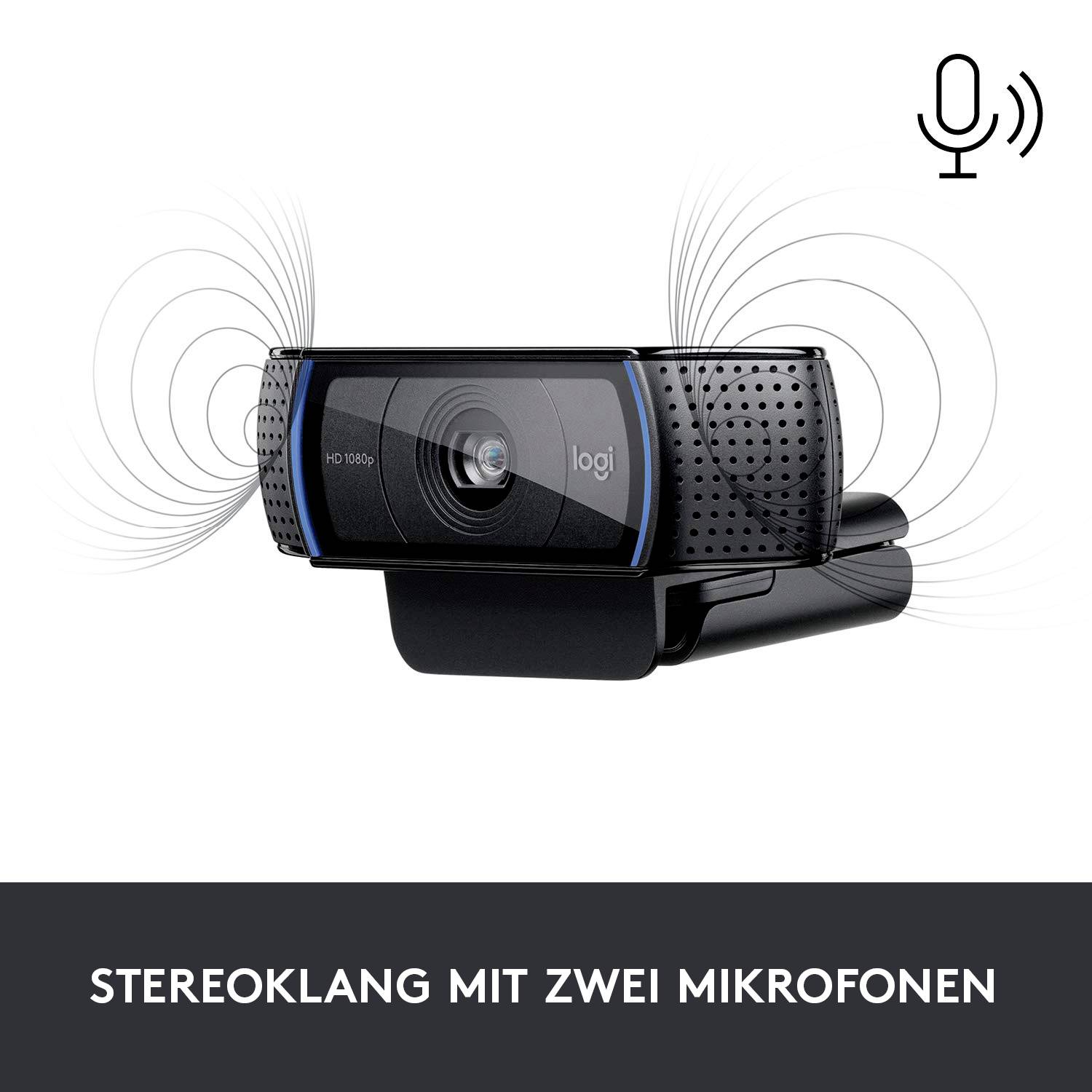 Spletna kamera z integriranim stereo zvokom in dvema mikrofonoma, poudarjena s krožnimi valovi; Besedilo: 'Stereo zvok z dvema mikrofonoma'.