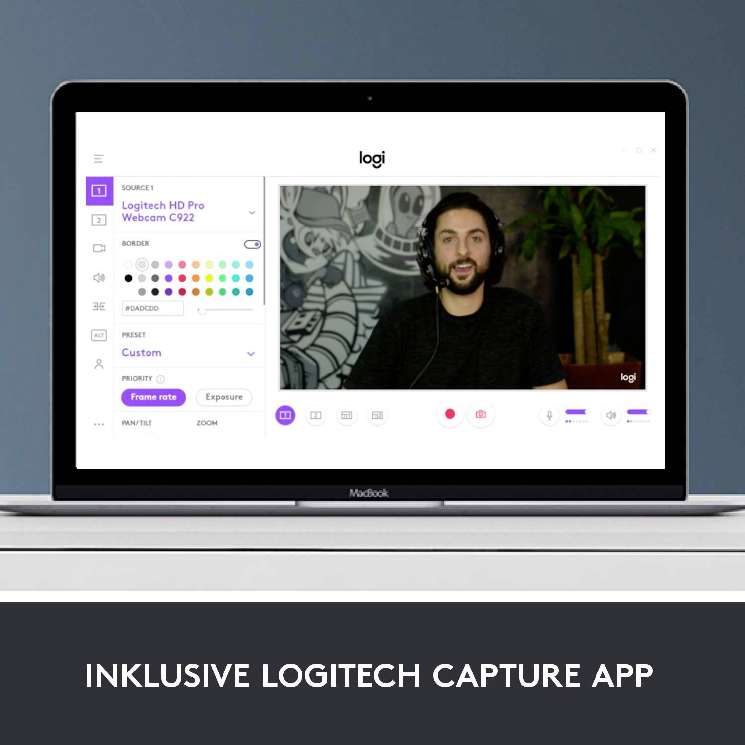 Prenosni računalnik na zaslonu prikazuje videokonferenco, vidna je ena oseba. Besedilo spodaj: 'Vključno z aplikacijo Logitech Capture'.