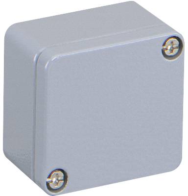 Kompaktna siva plastična škatla z dvema vidjema vijkoma, primerna za shranjevanje ali kot priključna točka v elektroinstalacijah.