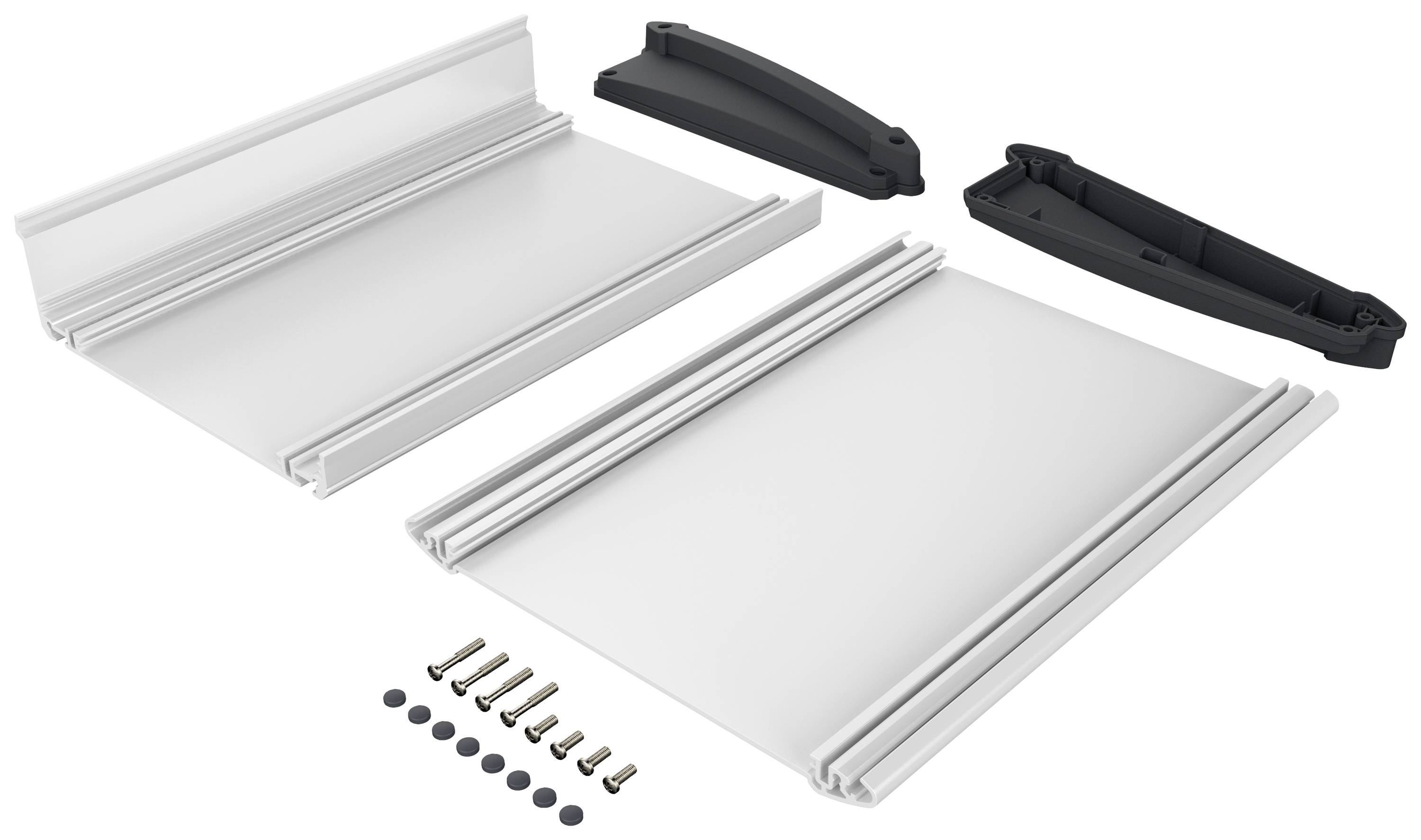 Komplet aluminijastih strešnih prtljažnikov, sestavljen iz dveh prečk, štirih vijakov in plastičnih pritrdil.