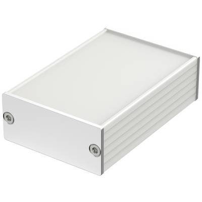 Kovinski ohišje pravokotne oblike, primerno za elektronske naprave. Ima belo, strukturirano površino z vijaki na straneh.