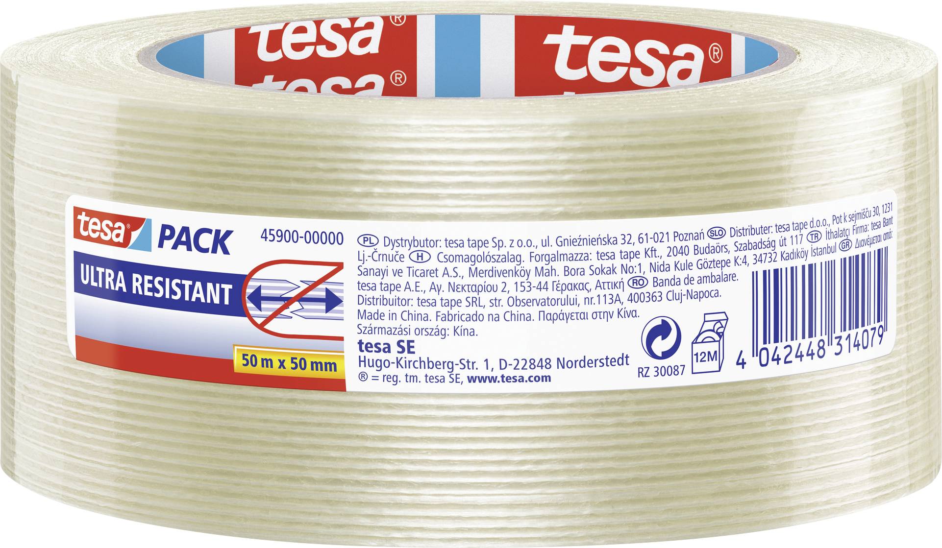 Tesa Ultra Resistant lepilni trak, prozorna rolica. Vsebuje informacije o embalaži in izdelku.