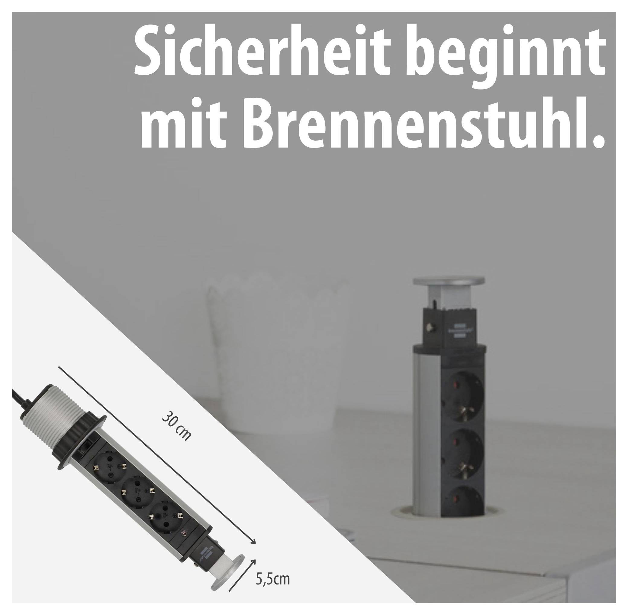 Oglas za Brennenstuhl: Razdelilnik z izvlečnim ohišjem; Besedilo 'Varnost se začne z Brennenstuhlom.'; Dimenzije 30 cm in 5,5 cm.