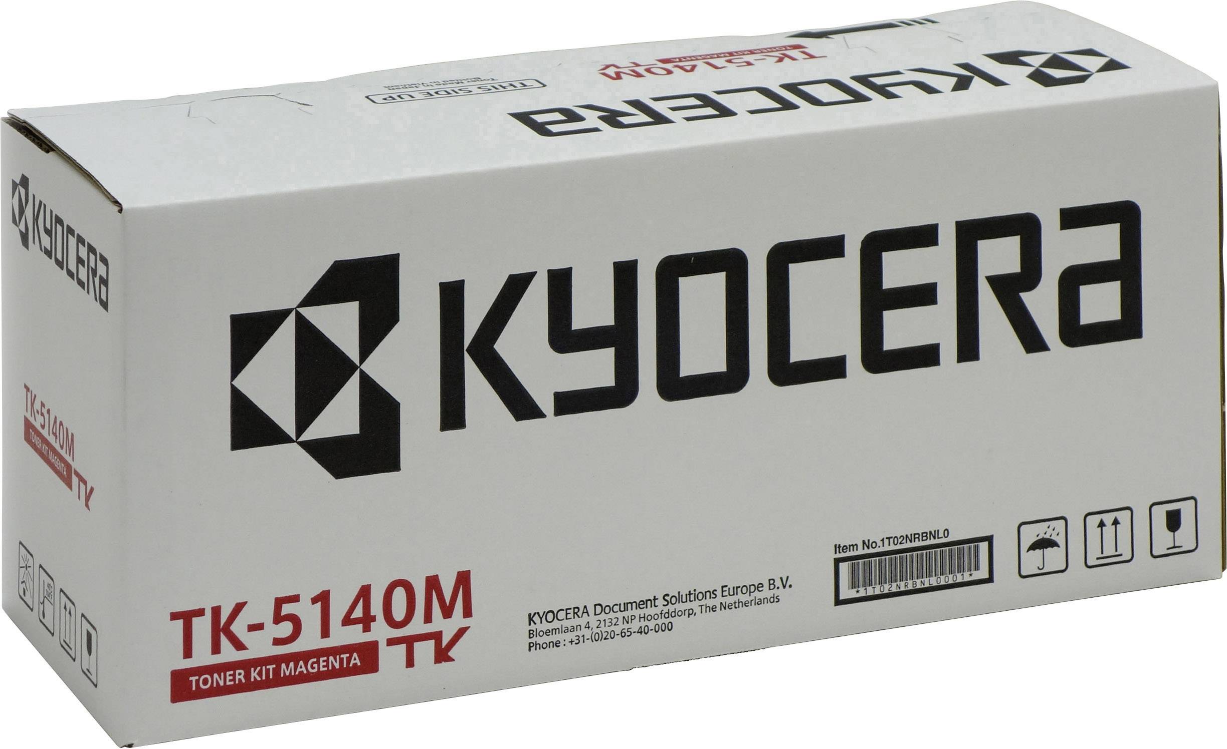 Kyocera TK-5140M tonerski komplet v magenti, pakiran z napisom in logotipi, primeren za tiskalnike.