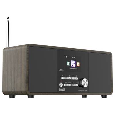 'Imperial Dabman i200' radio z lesenim ohišjem, daljinskim upravljalnikom, anteno in kabli. Embalaža v ozadju.