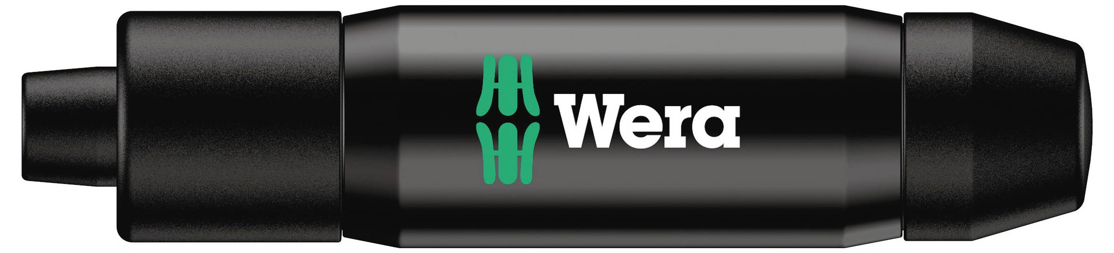 Črn ročaj izvijača z zelenim Wera logotipom na sredini. Konca ročaja sta oblikovana konično in zaobljeno.