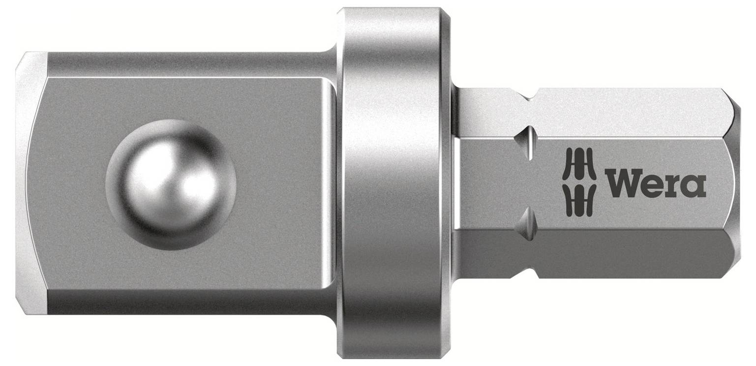 Kovinski adapter z žogo in šesterokotno konico. Logotipi so vidni.