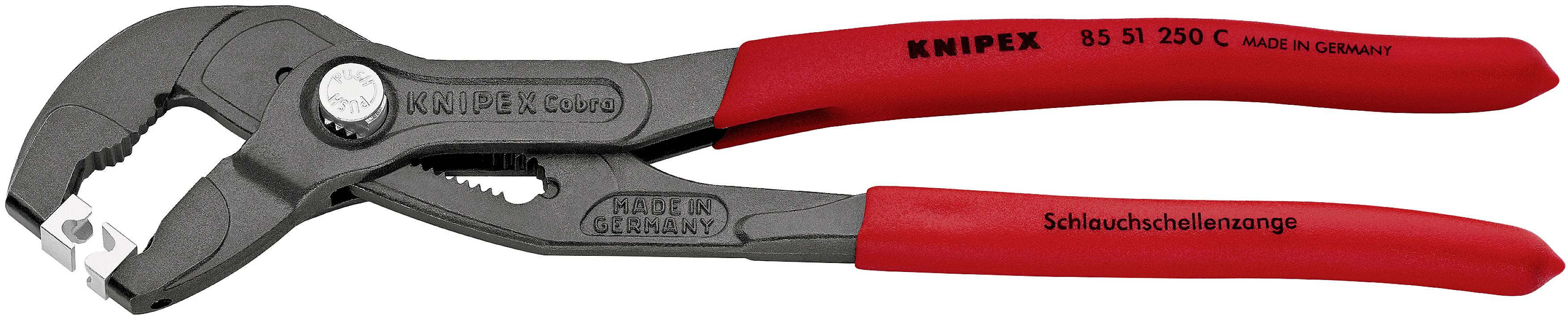 KNIPEX klešče za sponke cevi iz jekla z rdečim ročajem. Uporablja se za pritrjevanje cevi. Dolžina 250 mm, 'Narejeno v Nemčiji'.