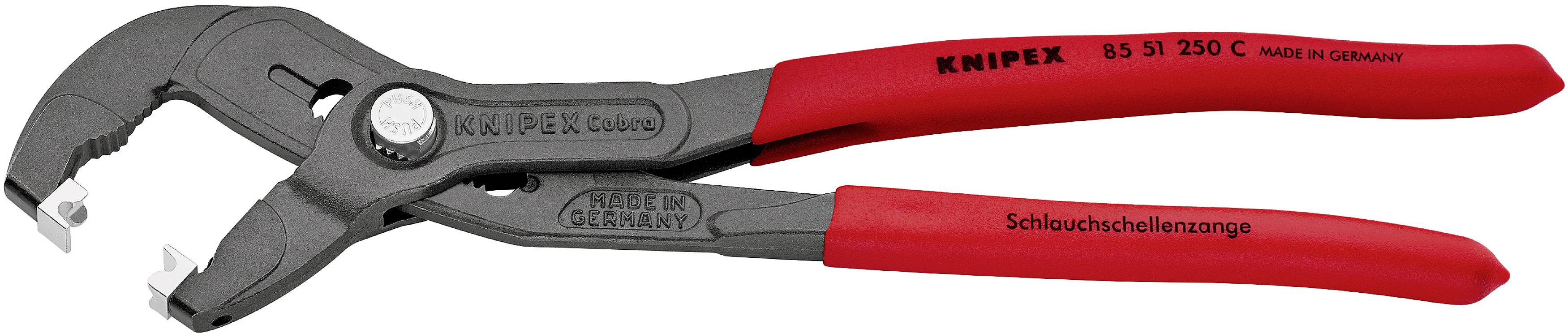 Rdeče klešče za sponke cevi z ergonomskimi ročaji. Primerne za odstranjevanje spon cevi z stranskimi izrezi za boljši oprijem.