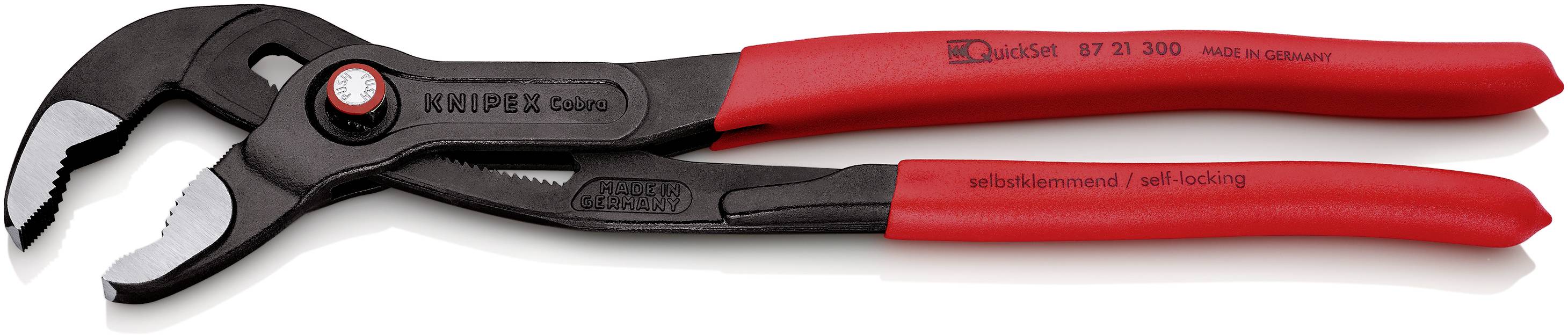 Opis: Rdeča vodovodna klešča znamke KNIPEX z črno glavo in nastavljivo ročico.