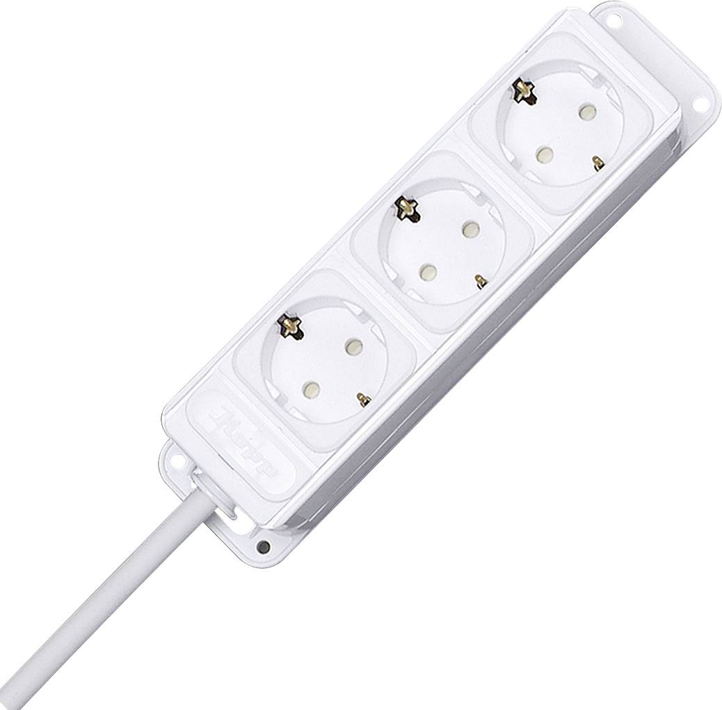 Bela trojna razdelilna letev s kablom, primerna za razširitev električnih priključkov v notranjih prostorih.