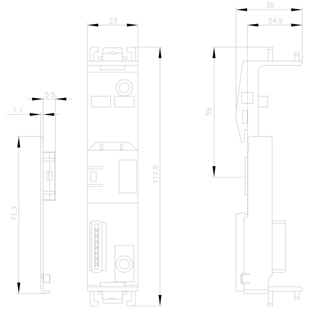 Tehnični načrt elektronskega modula z dimenzijami: višina 117,5 mm, širina 23 mm, globina 71,3 mm.