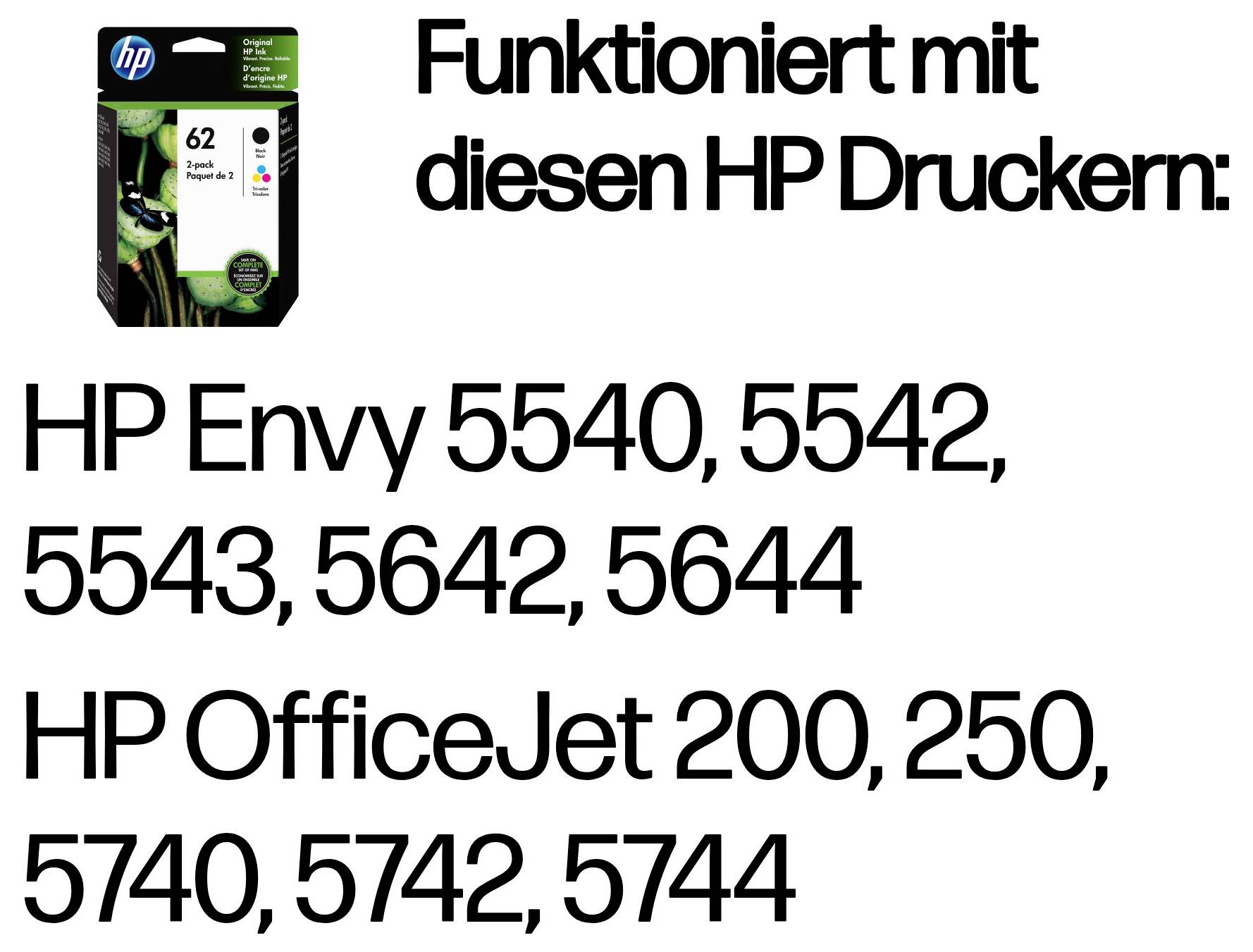 HP paket s tiskalniškimi kartušami z nemškim besedilom o združljivosti: 'Funktioniert mit diesen HP Druckern:' in modeli tiskalnikov Envy 5540, 5542, 5543, 5642, 5644; OfficeJet 200, 250, 5740, 5742, 5744.