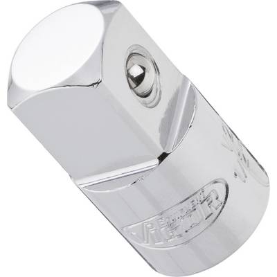 Kromirani kovinski adapter z okroglim kroglastim zapiralom in vgraviranim napisom.