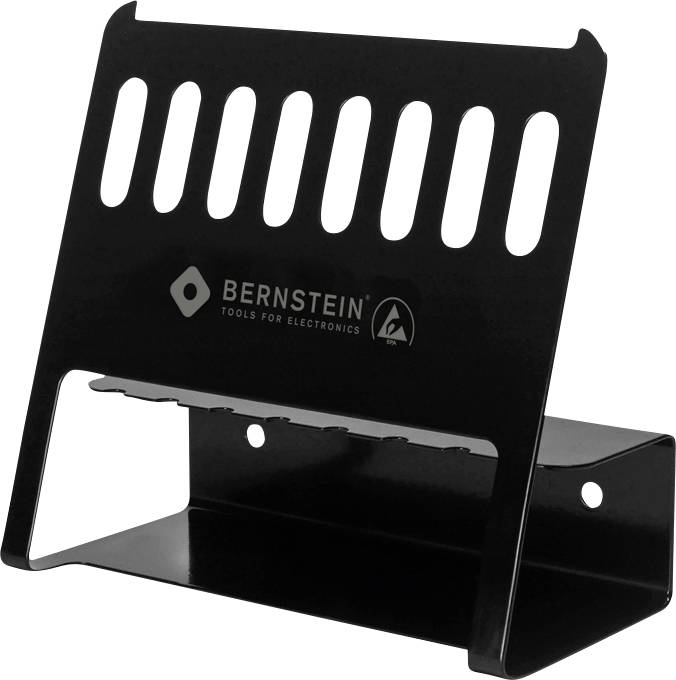 Črni stativ s rezkano hrbtno stranjo, ki ima prostor spodaj. Logotip prikazuje 'Bernstein Tools for Electronics'. Zasnovan za organizacijo orodij.