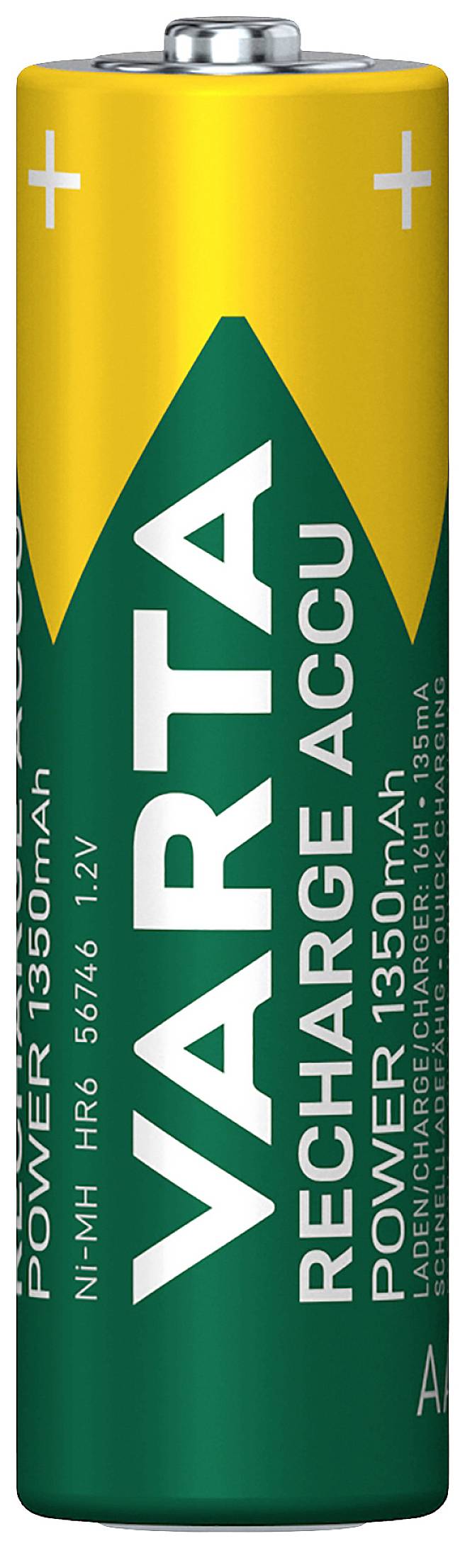 Zelena in rumena AA baterija z napisom 'VARTA RECHARGE ACCU POWER 1350mAh'.