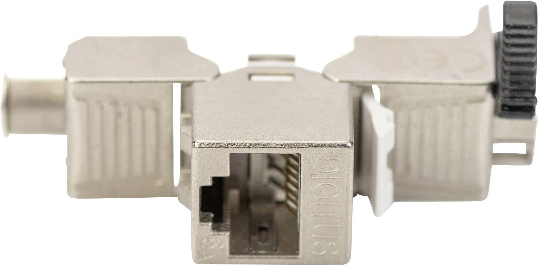 Srebrn omrežni vtič z več priključki, vključno z RJ45. Primeren za eternet povezljivost v omrežnih aplikacijah.