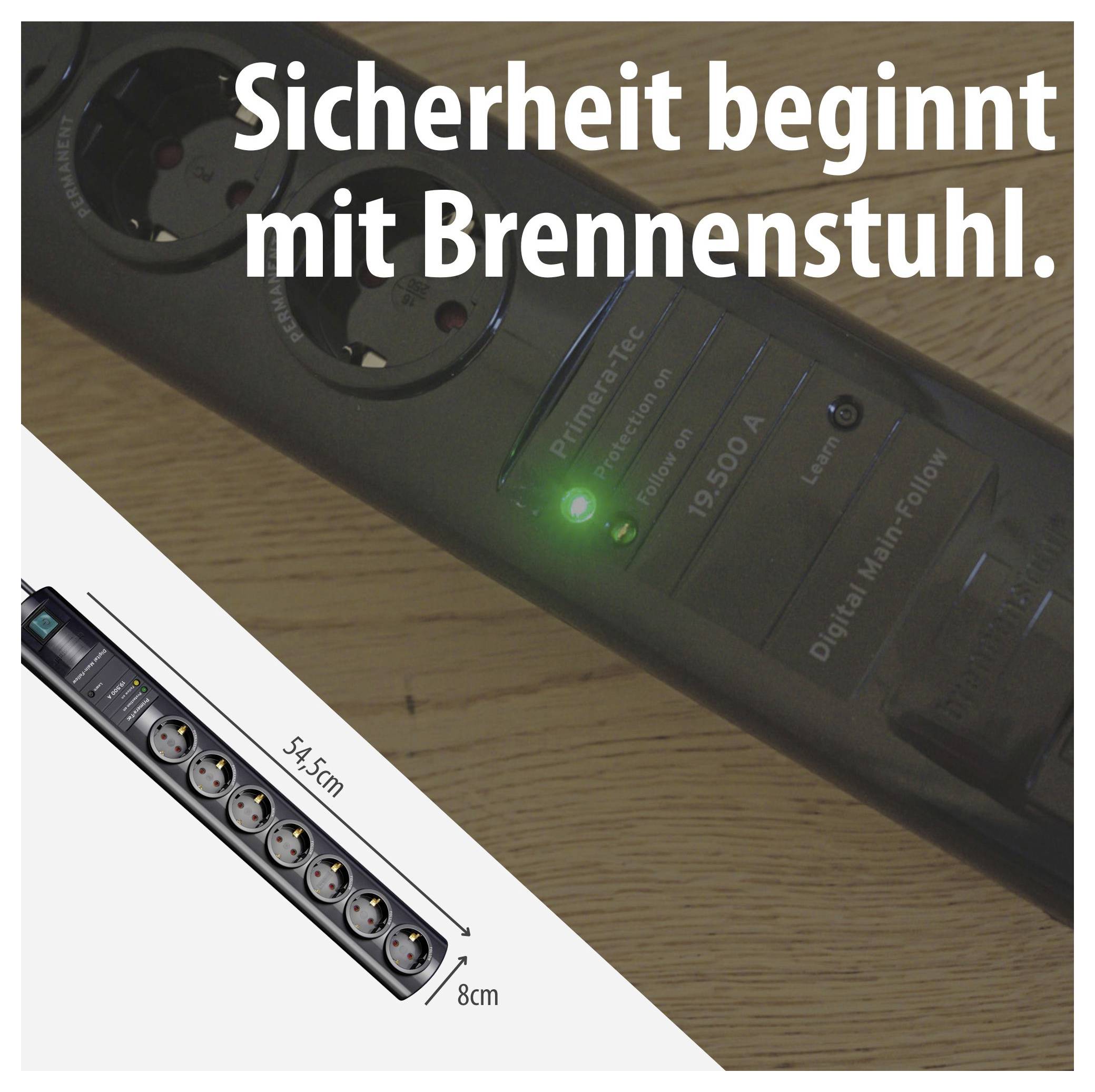 Oglas za Brennenstuhl-napravo s številnimi vtičnicami z osvetljenim stikalom in dolžino 54,5 cm; slogan: 'Varnost se začne z Brennenstuhl.'