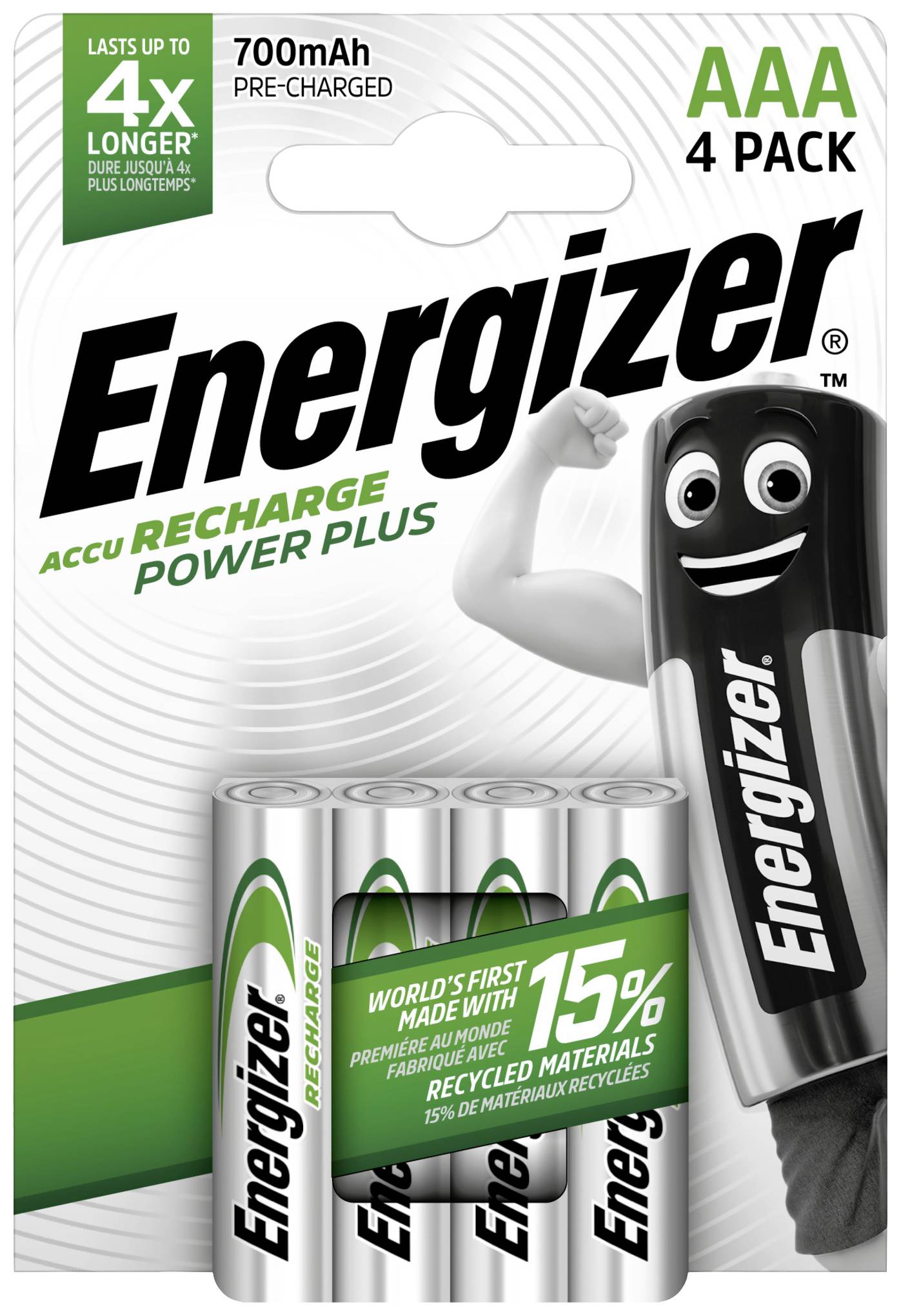 Paket 4 baterij AAA Energizer 'Accu Recharge Power Plus' s 700mAh, oglaševan z 15% recikliranega materiala.