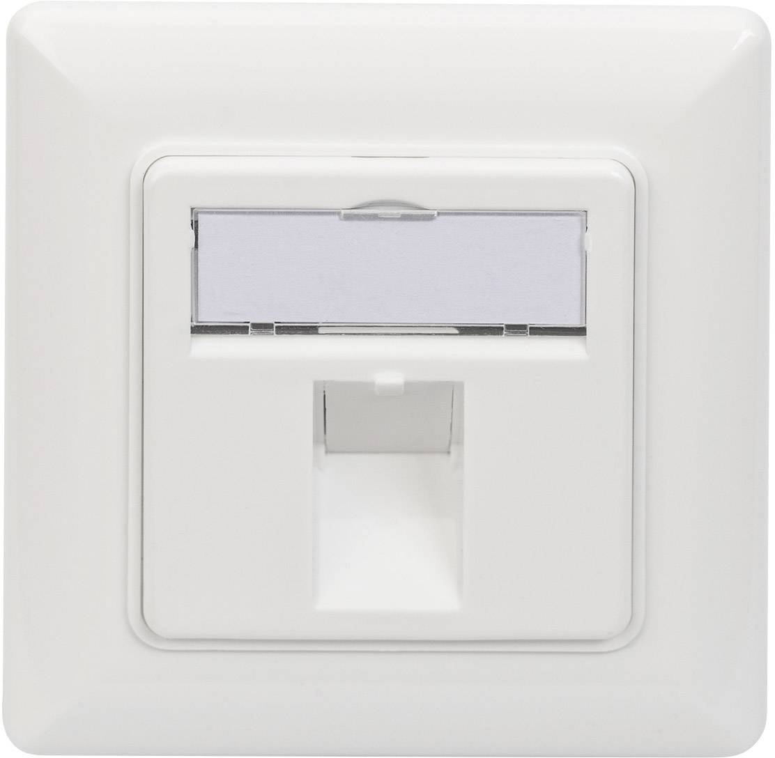 Posamezni, kvadratni omrežni priključek v beli stenski plošči, primeren za ethernet kabelske povezave v stavbah.