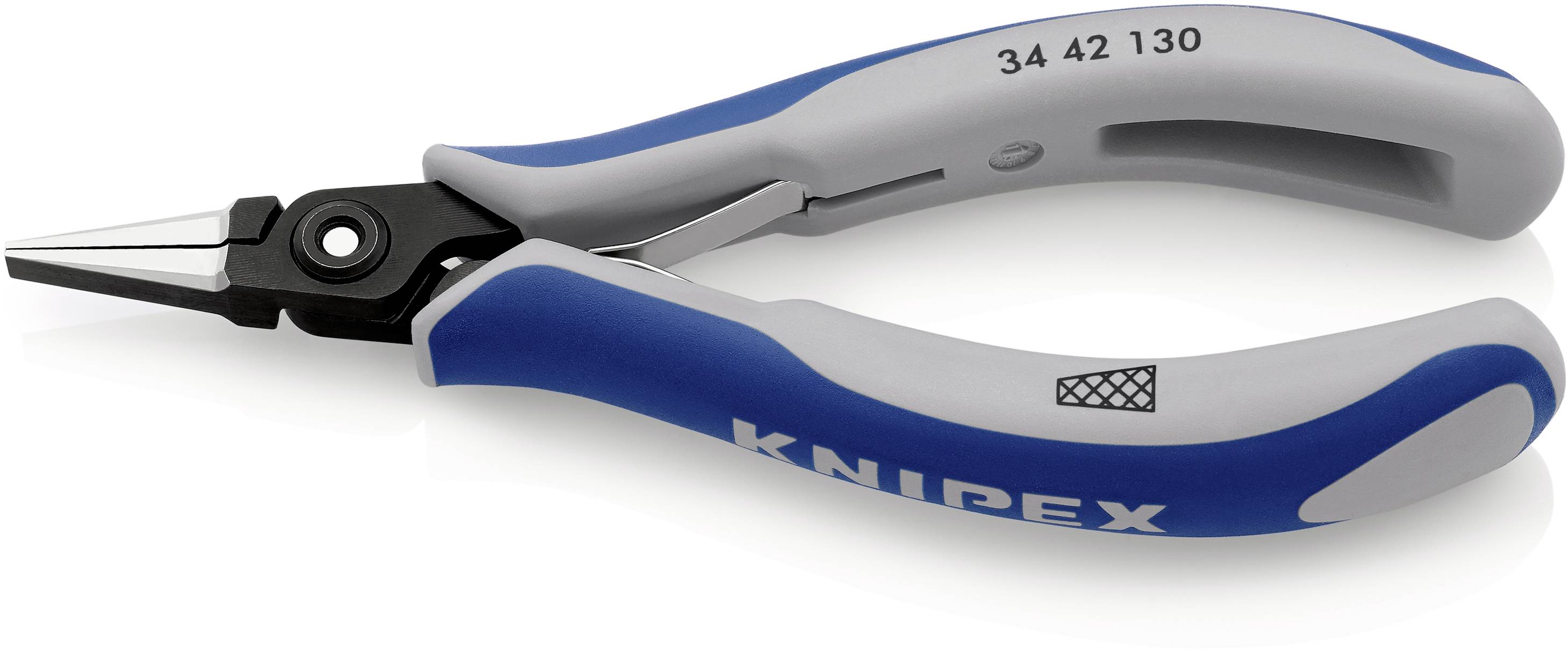 Modra-siva klešča z napisom 'KNIPPEX' na ročaju. Modelna številka '34 42 130' je prav tako vidna na ročaju.