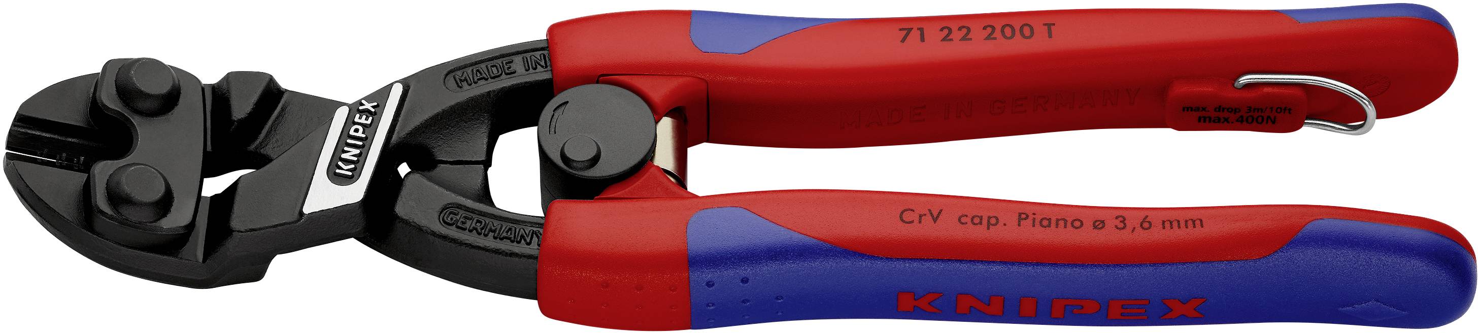 'Knipex vijačni rezalnik z rdečimi in modrimi ročaji, modelna številka 71 22 200 T. Primeren za žice do 3,6 mm debeline.'