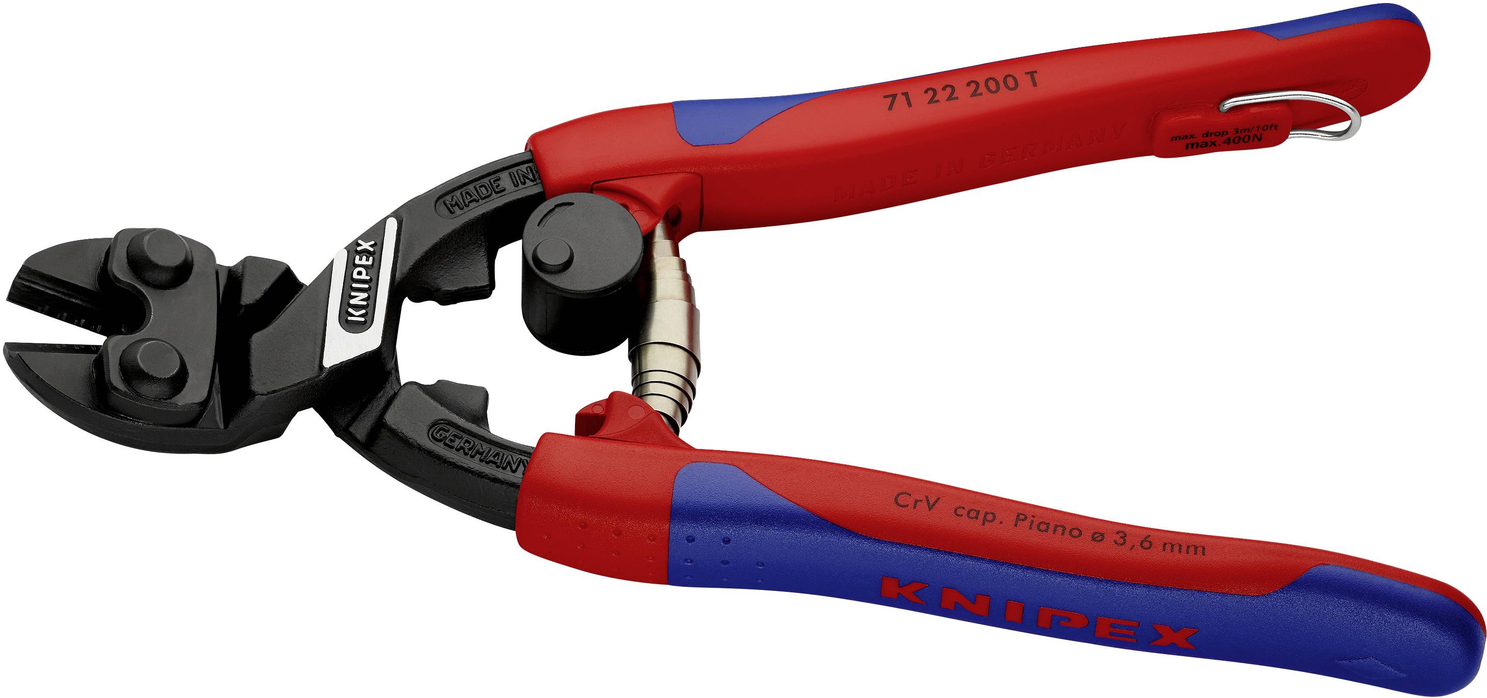 'Rdeči vijačni rezalnik z modrimi ročaji znamke Knipex, primeren za klavirsko žico do 3,6 mm premera. Modelna številka 71 22 200 T.'