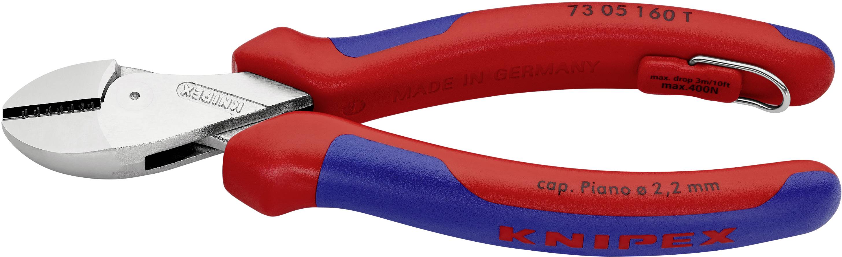 Rdeč in moder stranski rezalnik z napisom 'Knipex', primeren za žice do 2,7 mm premera.