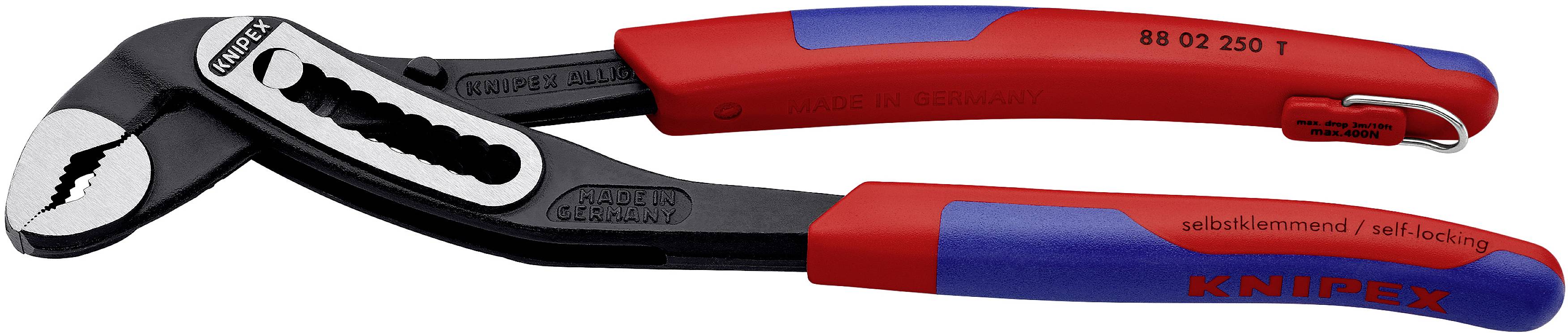 Rdeče-modro orodje z napisom 'samozatezno/self locking' in 'KNIPEX', ki gre za klešče.