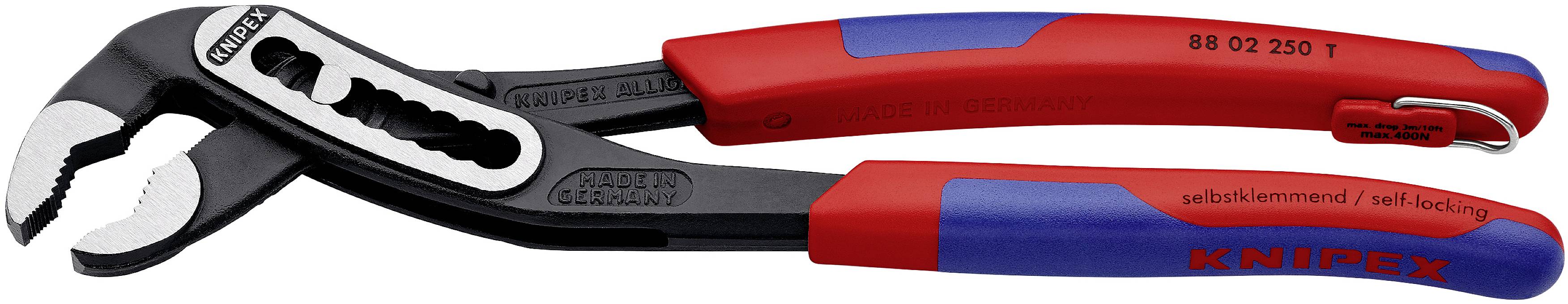 Klešče na beli podlagi, rdeče in modre barve z črno-srebrnimi čeljustmi. Na ročaju besedilo 'Knipex' in modelna številka.