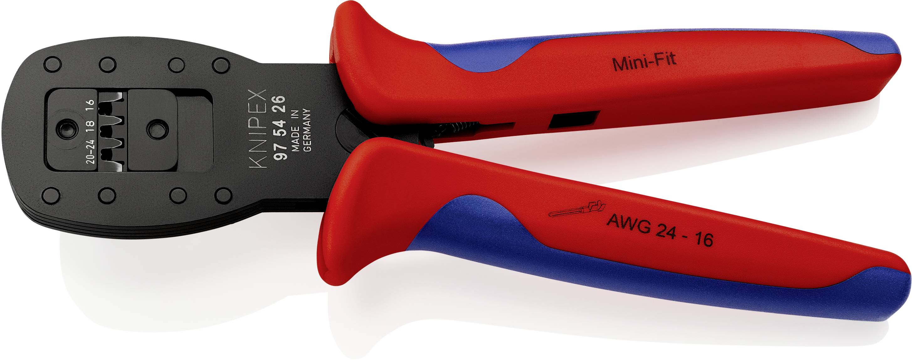 Klešče z rdečimi ročaji in napisom 'Knipex' na črni glavi. Primerne za AWG 24-16. Uporabljene za Mini-Fit vtične priključke.