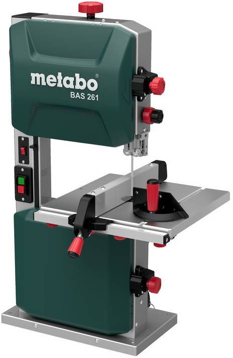 Metabo BAS 261 tračna pila na kovinski podlagi, z rdečimi nastavljalnimi gumbi in sivo delovno mizo za rezanje lesa ali kovine.
