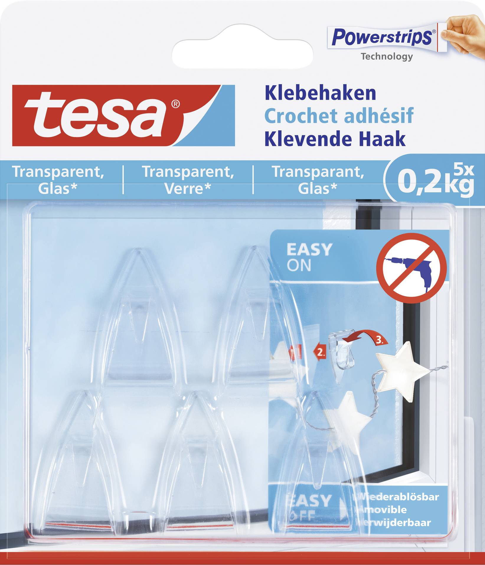 Embalaža Tesa Powerstrips lepilnih kavljev, prozorna, z odstranljivo funkcijo. Kapaciteta: 0,2 kg, primerna za gladke površine.
