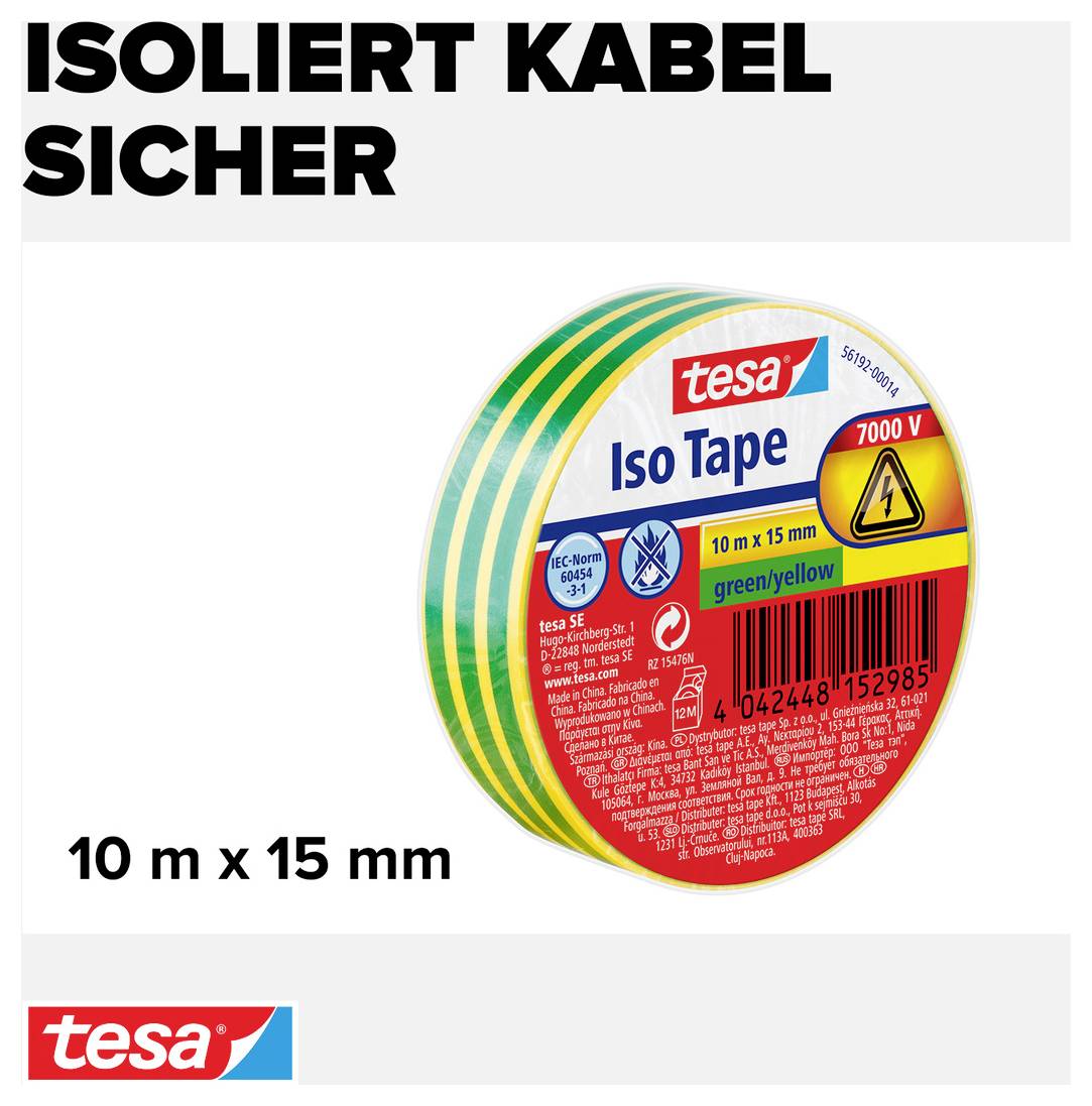 Izolirni trak 'Iso Tape' znamke Tesa, 7000V, zeleno/rumene barve, 10m x 15mm. Napis 'Varno izolirani kabli'. Primeren za električno izolacijo.