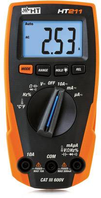 Digitalni multimeter z modrim zaslonom prikazuje vrednost 2,53 v načinu AC. Obračalni gumb je nastavljen na V-lestvico. Model naprave: HT211.