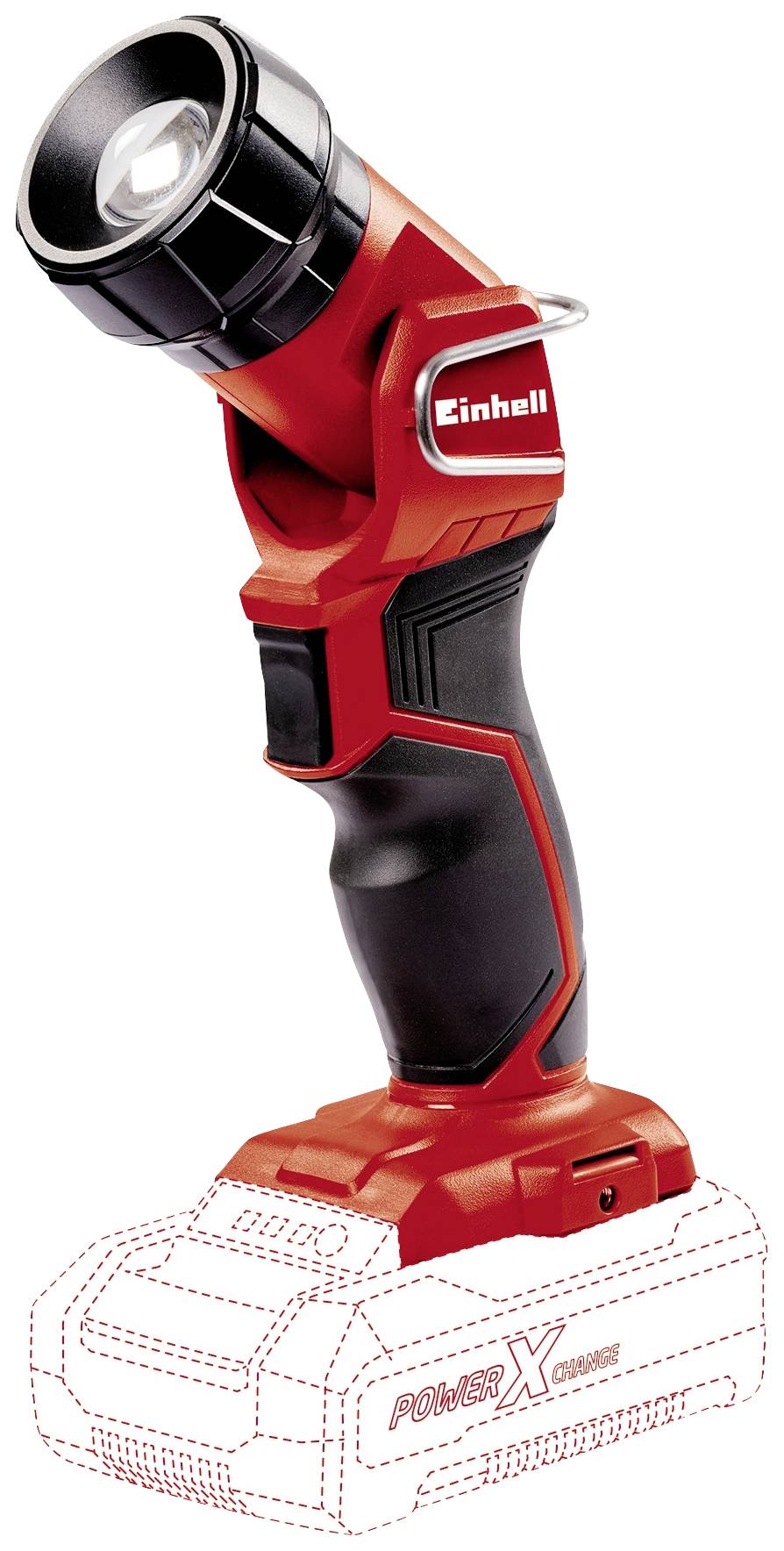 Rdeča ročna svetilka Einhell brez akumulatorja, z ergonomskim ročajem in črno glavo svetilke. Primerna za uporabo z akumulatorjem Power X-Change.