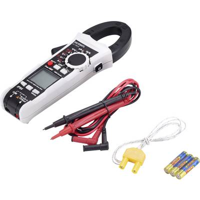 Digitalni multimeter s sponkami in kabli za merjenje električnih veličin, poleg njega ležijo baterije.
