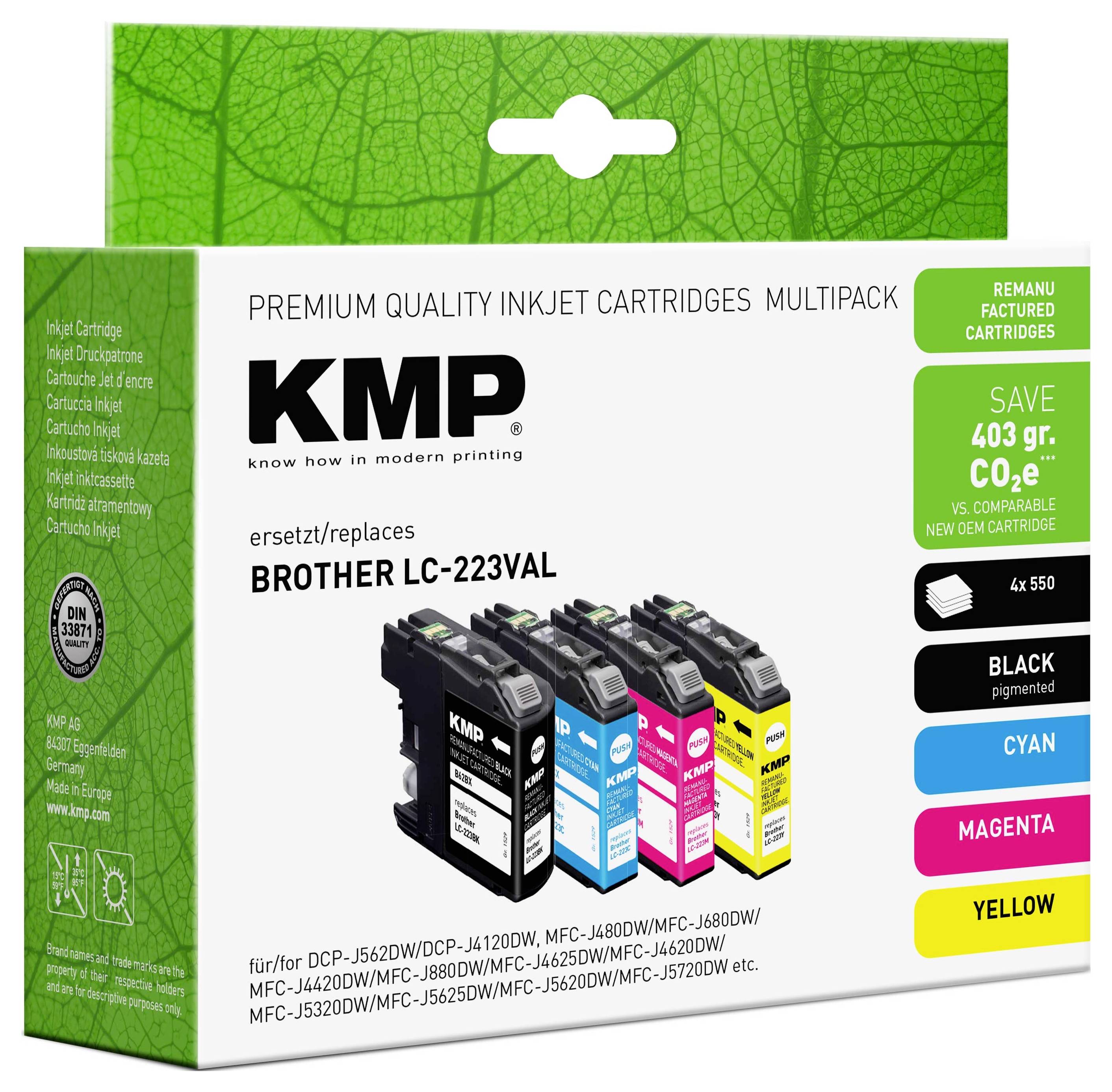 Škatla KMP premium inkjet kartuše v multipaku, ki nadomešča Brother LC-223VAL, s prikazanimi črnimi, cianskimi, magenta in rumenim kartuš.