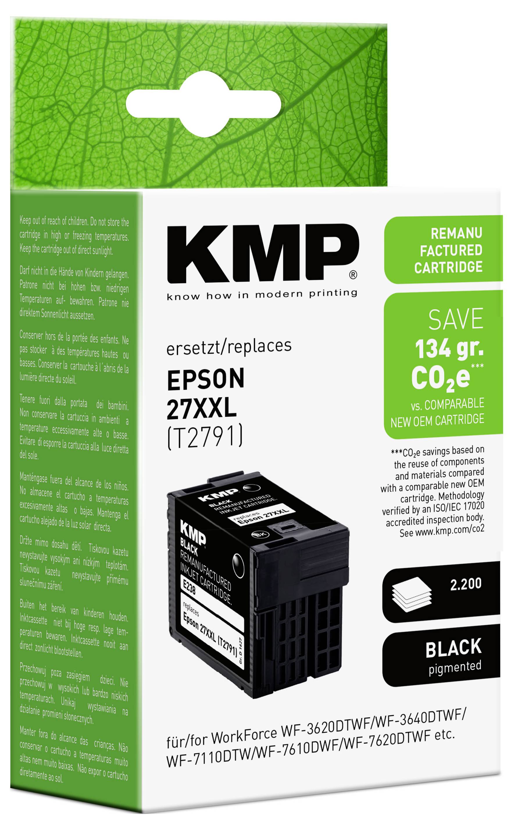 Črna ponovno proizvedena tinta KMP Epson 27XXL v embalaži, označena z "PRIHRANI 134 gr. CO2e" in združljiva z tiskalniki Epson WorkForce.