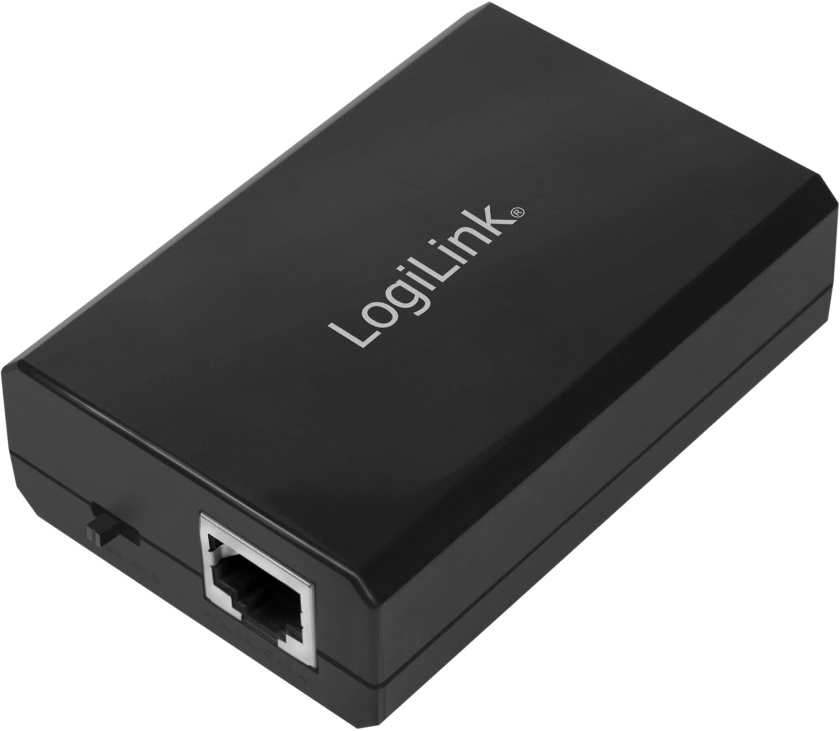Črni LogiLink PoE-injektor, pravokoten, z enim Ethernet priključkom.
