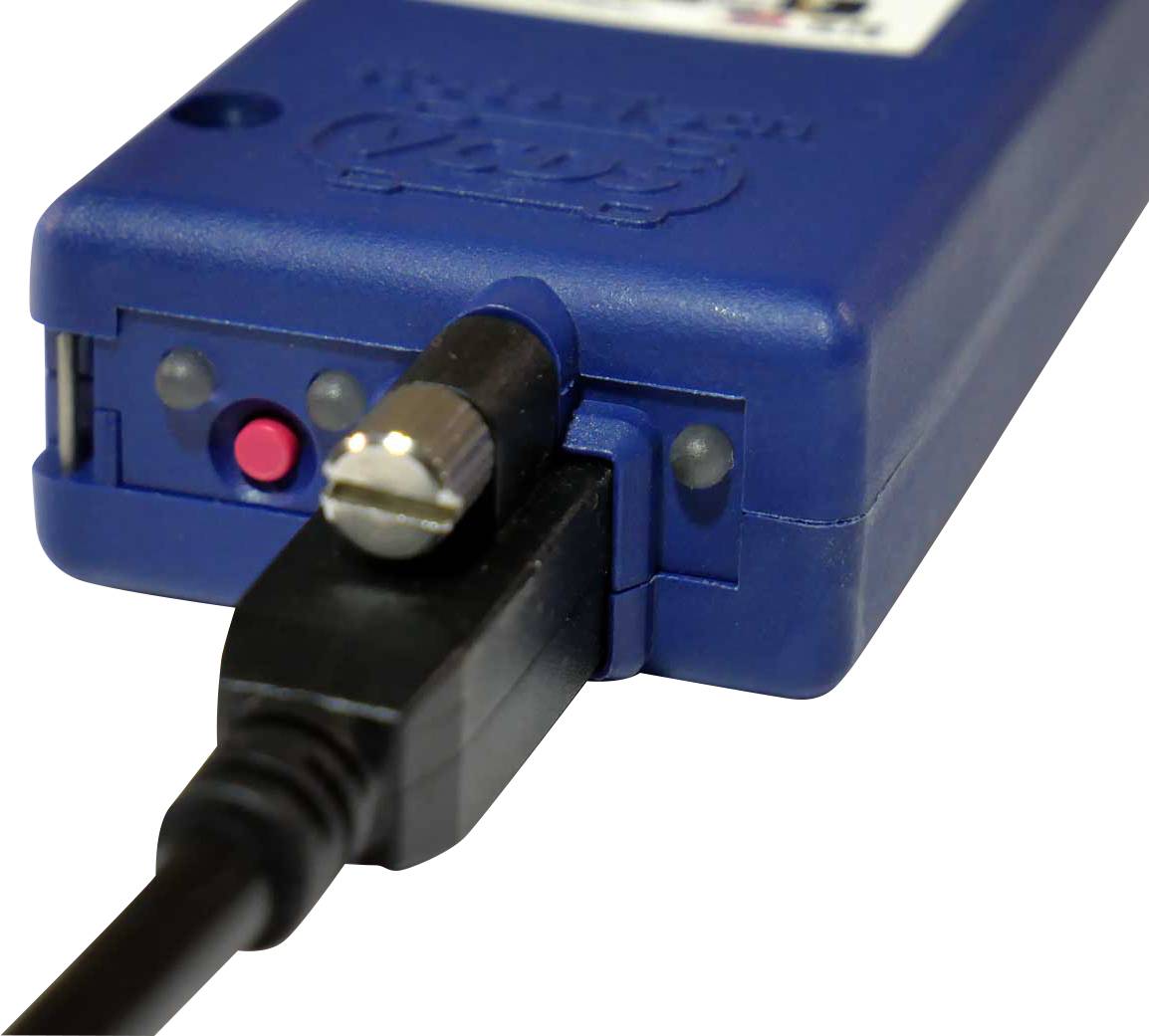 Modra elektronska naprava s priključenim črnim kablom in rdečim gumbom, verjetno merilna oprema ali senzor.