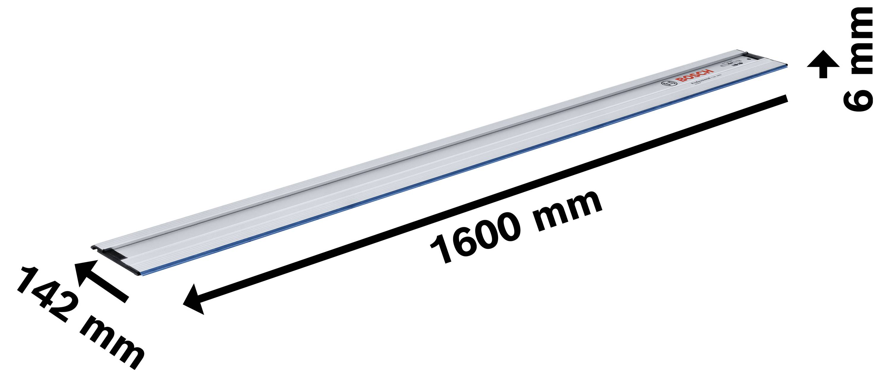 Prikaz srebrne vodilne tirnice z dimenzijami: dolžina 1600 mm, širina 142 mm, višina 6 mm.