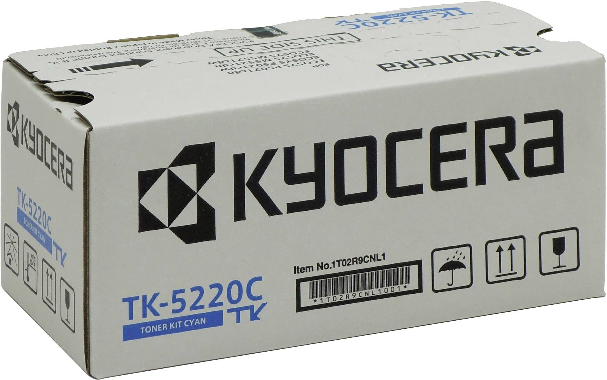 Bela škatla z napisom 'KYOCERA TK-5220C', ki vsebuje citronskomodri toner. Vidne so simboli za pošiljanje in shranjevanje.