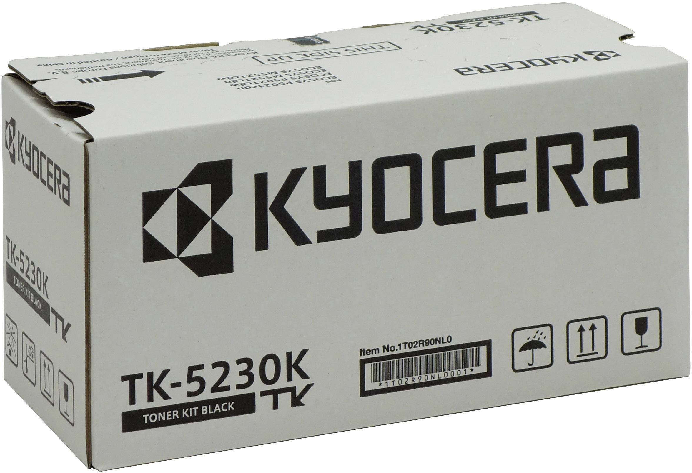 Škatla z napisom 'KYOCERA TK-5230K Toner Kit Black'. Vsebuje simbole za previdnost, steklo, dež in puščice navzgor.